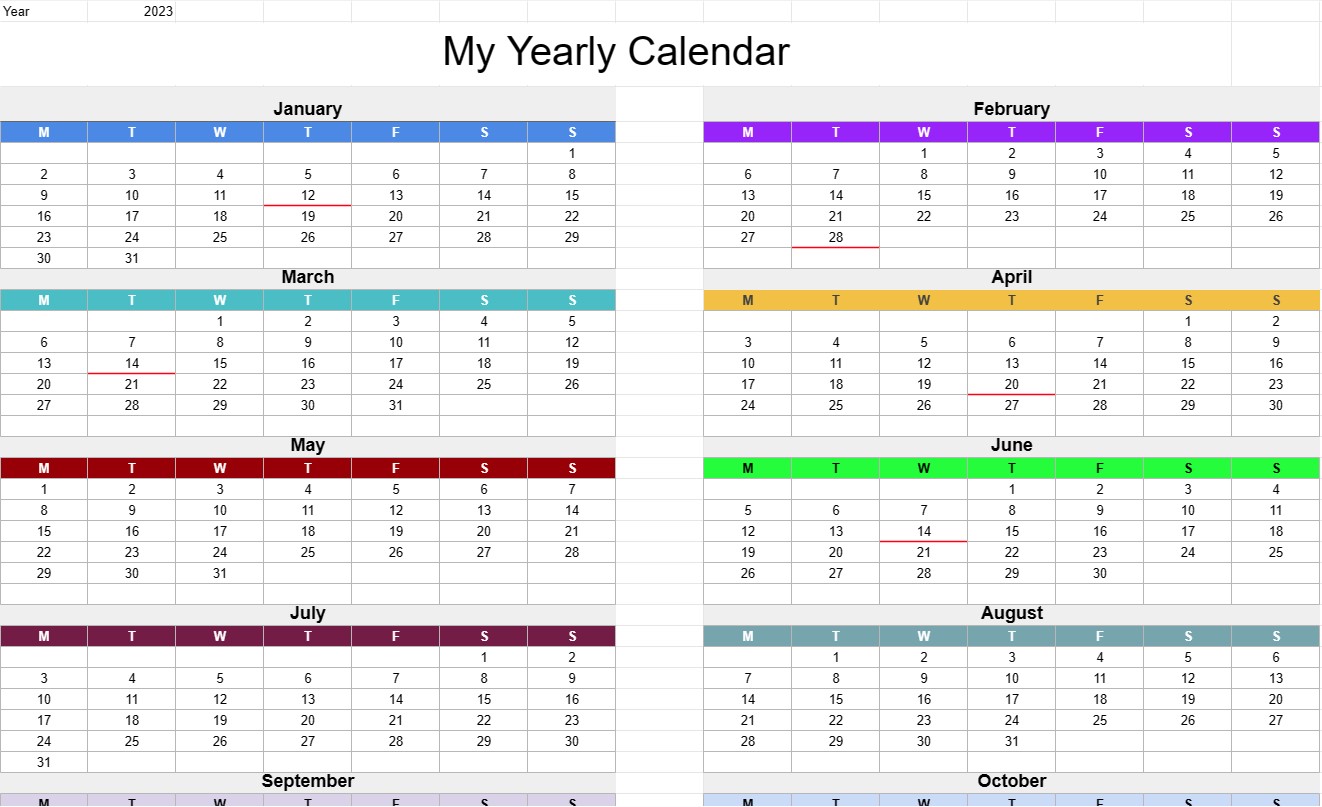 Simple Yearly Calendar - Sheetize